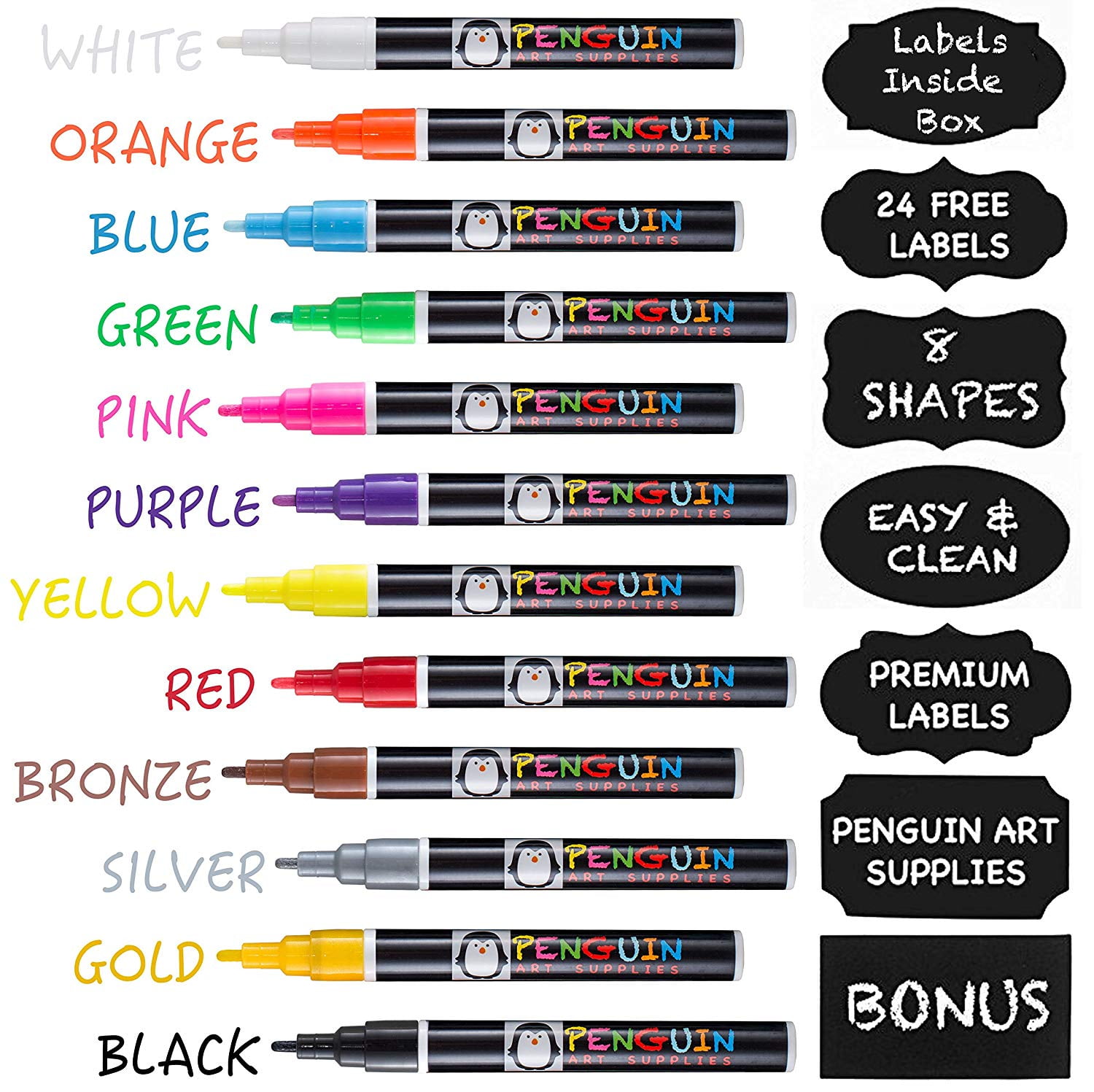 Professional Artist Quality Fine Tip Chalk Markers Set of 12 Color Liquid Pens Dry Erase