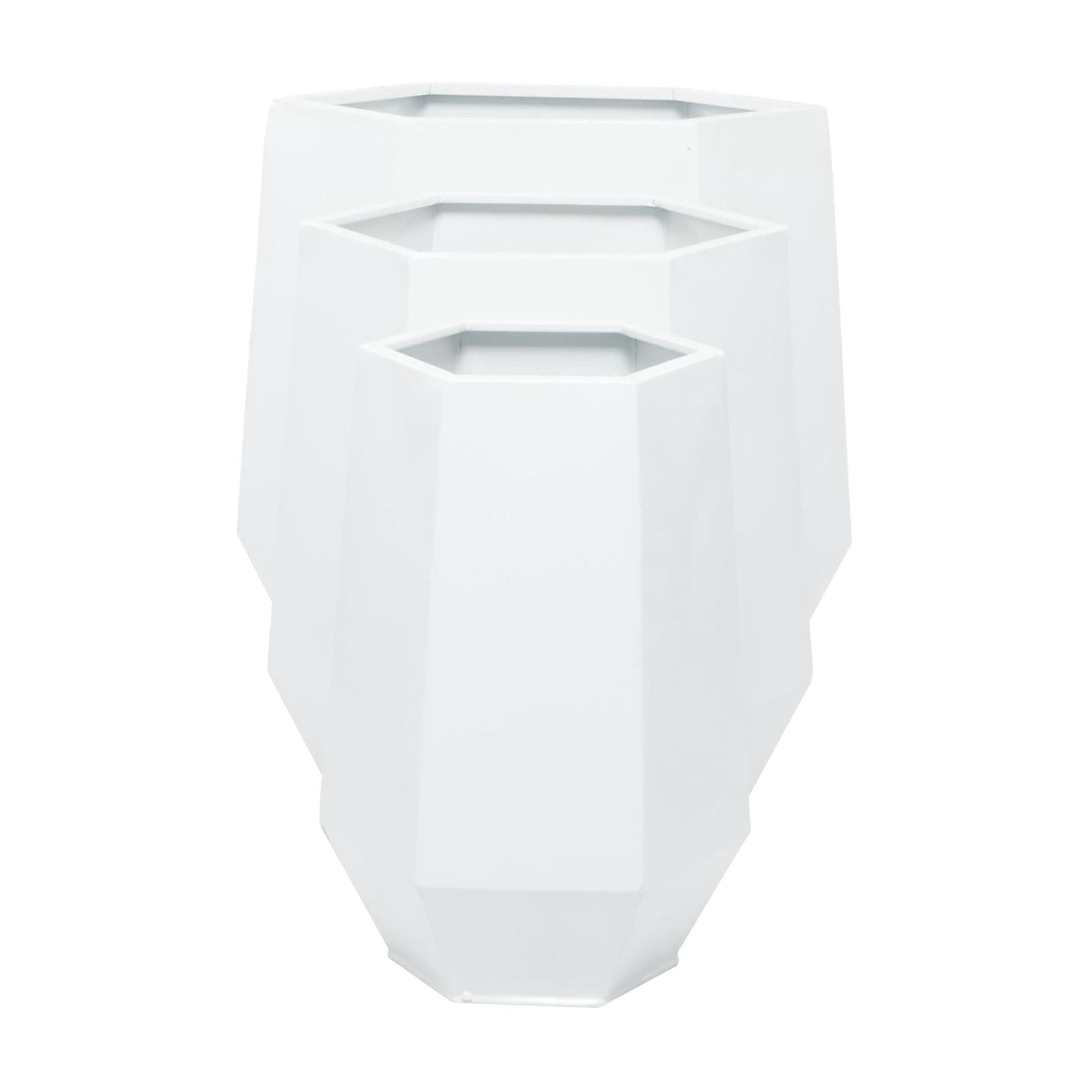CosmoLiving by Cosmopolitan White Metal Geometric Hexagon Indoor Outdoor Planter, Set of 3 20", 16", 10"W