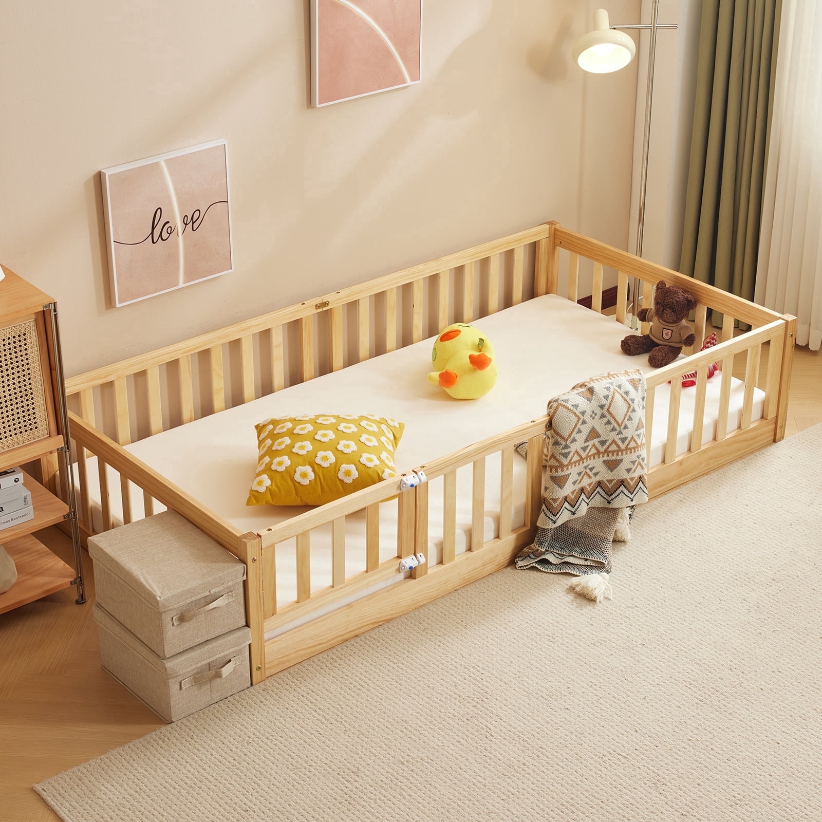 Zimtown Montessori Floor Bed Frame, Twin Size Bed with Fence and Door, Wooden Platform Bed, Natural Color