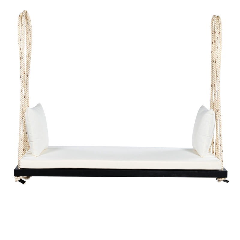 Patio Wooden Swing Chair, 2-Seat Hanging Porch Hammock Bench with Cushion & Pillows, Outdoor Swing Bench with 10.8Ft Hemp Ropes for Garden, Backyard, Lawn