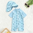 thumbnail image 2 of Landzoo Kids Boys Girls Swim Wear Graphic Print Short Sleeve Crew Neck With Hat 2 Piece Jumpsuits Summer Beach Quick Dry Toddler Boys Onesie Size 12-18 Months Blue, 2 of 3