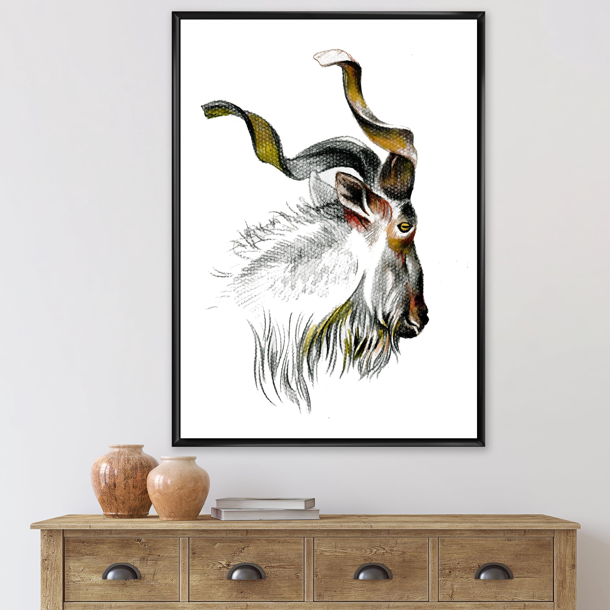 Designart 'Black and White Portrait Of Goat II' Farmhouse Framed Canvas Wall Art Print