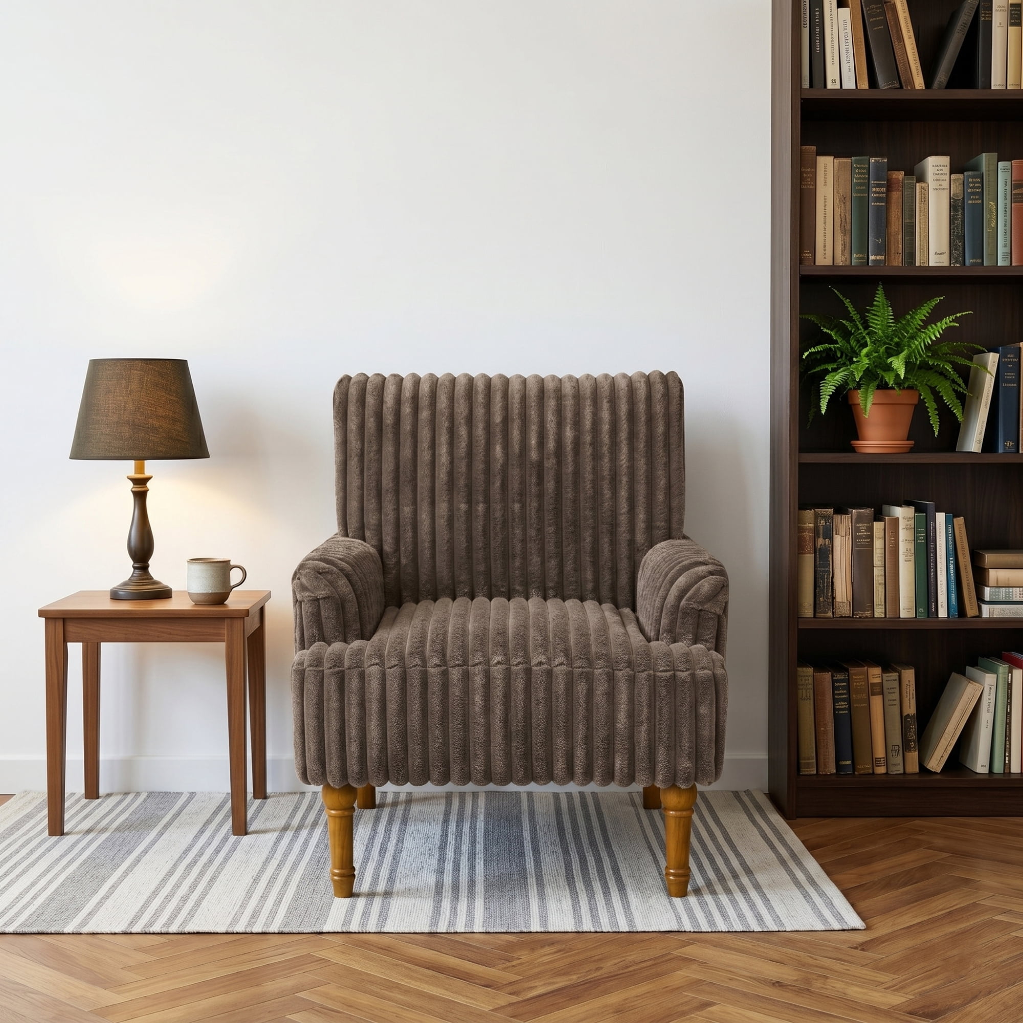 Leumius Modern Accent Chair with 9" Solid Wood Legs, Comfortable Upholstered Corduroy Armchair for Living Room Bedroom, Office Dark Coffee