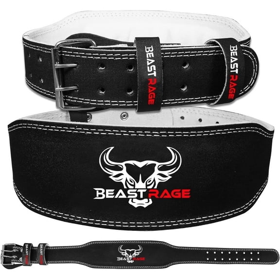 BEAST RAGE Weight Lifting Belt Leather Heavy Duty Gym Body Building Workout Training Weight Lifting Belt Adjustable Holes 4” Padded Lumbar Back Support Exercise Powerlifting Fitness Strength