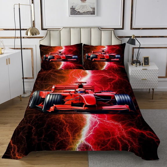 Erosebridal Red Racing Car Bedspread Sets Queen Size, Lightning Print Bed Quilt,, 3 Pieces