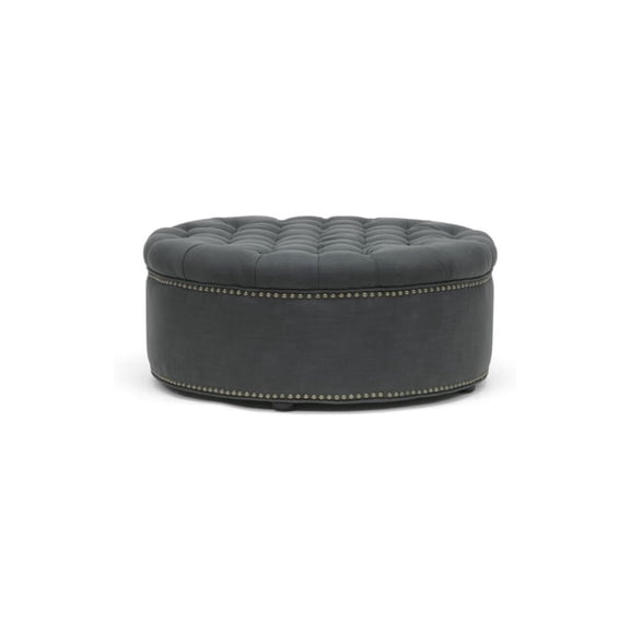 Linen Tufted Round Ottoman - Gray Living Room Footrest with Wood Legs