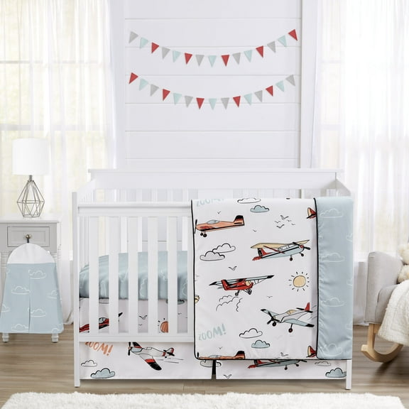 Sweet Jojo Designs Airplane Red Blue and White 4 Piece Crib Bedding Set