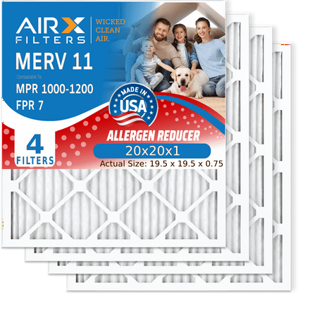 

20x20x1 Air Filter MERV 11 Comparable to MPR 1000 MPR 1200 & FPR 7 Electrostatic Pleated Air Conditioner Filter 4 Pack HVAC Premium USA Made 20x20x1 Furnace Filters by AIRX FILTERS WICKED CLEAN AIR.