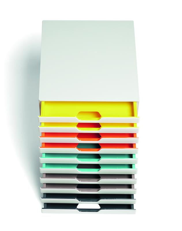 DURABLE Desktop Drawer Organizer (VARICOLOR MIX 10 Compartments with Removable Labels) 11" w x 14" d x 11.375" h, White & Multicolored (763027)