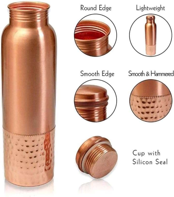 Copper Water Bottle for Drinking 34 oz Extra Large - Premium Handcrafted Ayurvedic Pure Copper Vessel - Drink More Water - Wide Mouth with Leak Proof Lid - BPA Free, Reusable