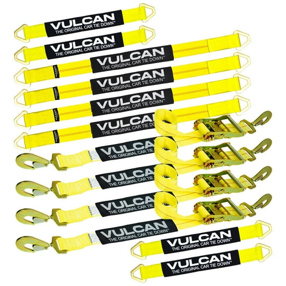 VULCAN Complete Axle Strap Tie Down Kit, Snap Hook Ratchet Straps, Yellow, (4) 22 inch Axle Straps, (4) 36 inch Axle Straps, and (4) 8' Snap Hook Ratchet Straps