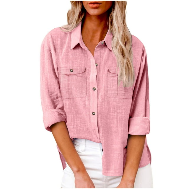 lcziwo Sales Today Clearance Linen Blouses for Women,Cotton Linen Button Down Shirts for Women Long Sleeve Collared Work Blouse Trendy Loose Fit Summer Tops with Pocket Pink,XXL