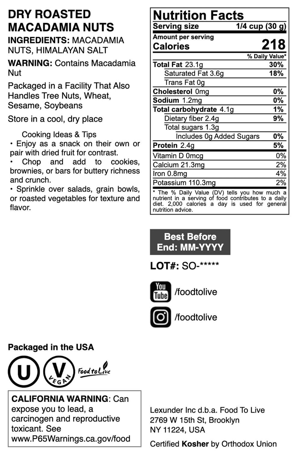 Dry Roasted Macadamia Nuts, 1 Pound - Vegan - by Food to Live