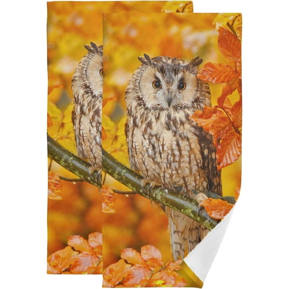 Coolnut Fall Cute Owl Hand Towels 2 PCS, Ultra Soft and Highly Absorbent, Autumn Yellow Leaves Decorative Fingertip Towel for Home, Bathroom, Kitchen, 28.3"x14.4"