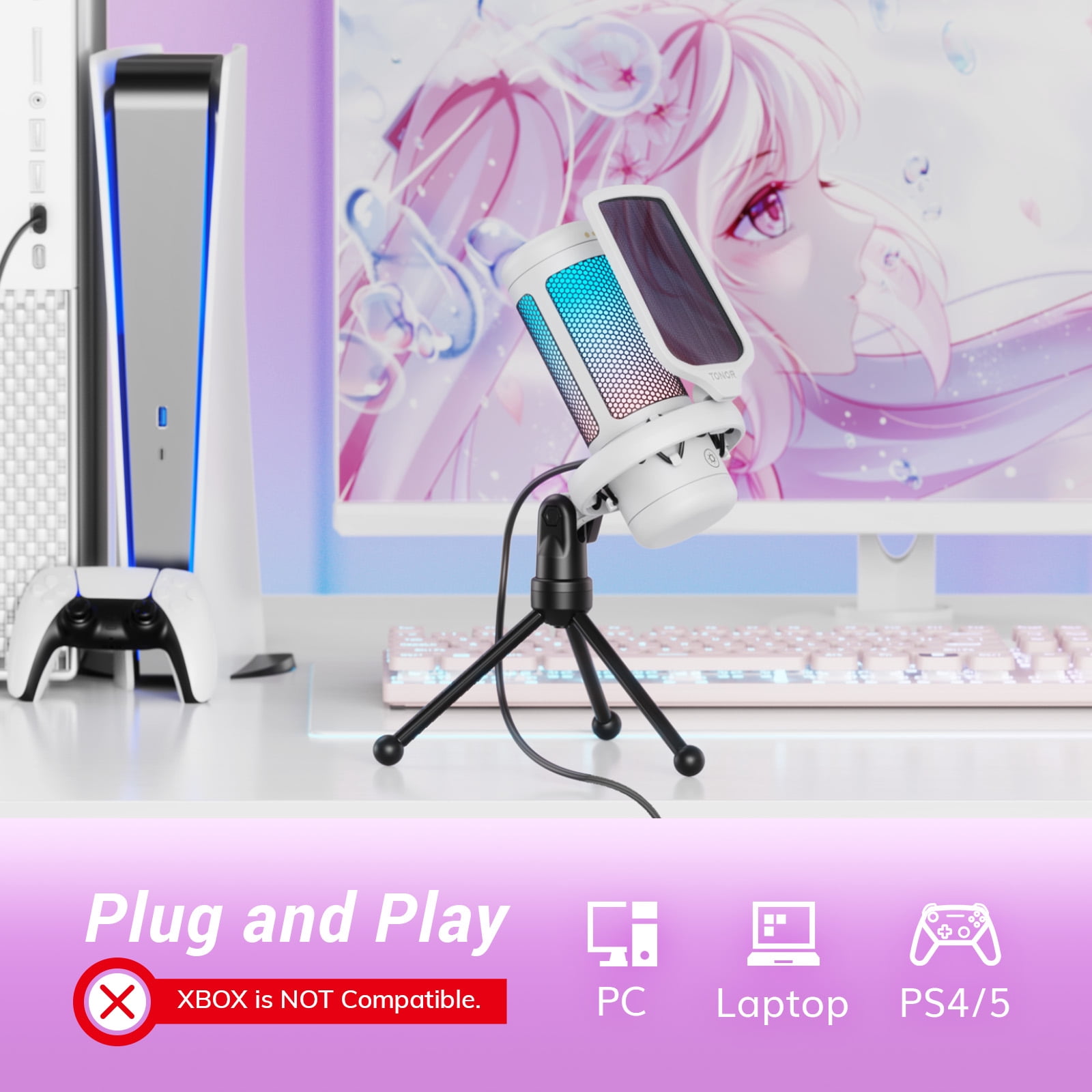TONOR TC310 Gaming Microphone Type-C Plug, Desktop USB Microphone with RGB, Quick Mute, for Twitch, Streaming, Podcast, Studio Recording, Discord Chatting, 200 cm/78 inch Cable, White
