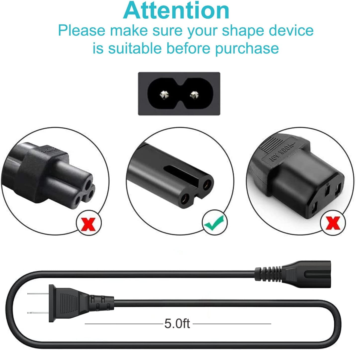 2 Prong AC Power Cord Fit for ONN. 100008734 100008736 Large Medium Party Speaker,ONN. 2.0 2.1 32" 36" 42" Roku Smart
