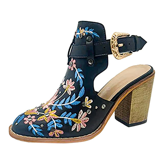 Dsscvnef Sandales pour Femmes 2023 Mode Européenne US Broderie Rétro Talon Haut Épais Dos Creux Bout Rond Chaussures d'Été pour Femmes