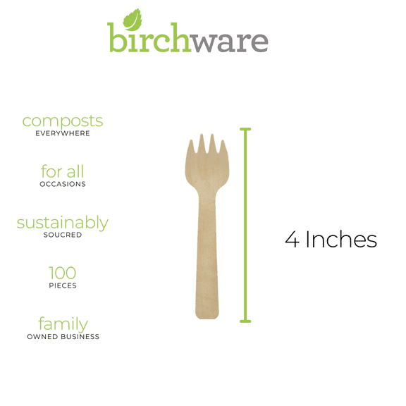 Birchware Compostable Wooden Disposable Mini Sporks, 100 Count