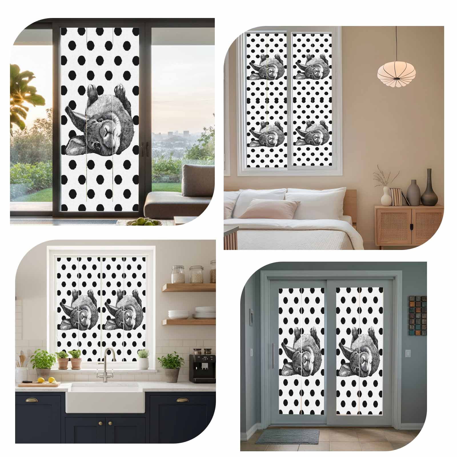 Easter Bunny Window Privacy Film, Cute Gray Rabbit Farm Country Black Polka Dots Frosted Glass Window Clings Static Cling UV Heat Blocking Reusable Door Sticker for Bathroom 23.6 x 59 Inch