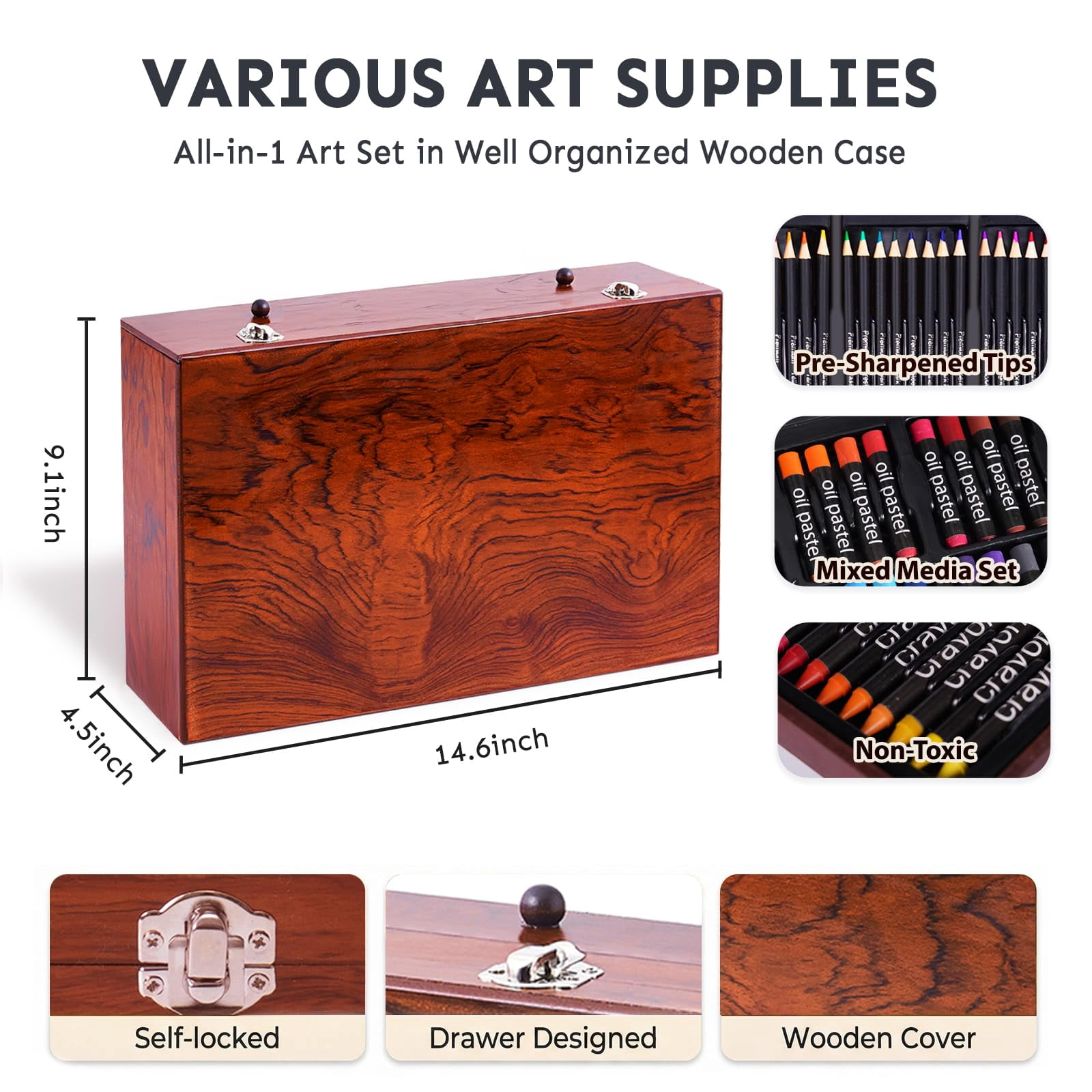 175-Pack Deluxe Wooden Art Set Drawing Painting Kit with 2 Drawing Pads, Acrylic Paints, Colored Pencils, Crayons, Paint Brush, Art Kit in Wooden Case, Gift for Artist, Adults, Teens and Kids