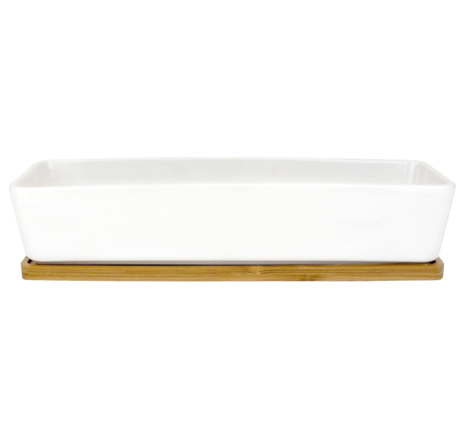 Ceramic Plant Pots - 11" Long Rectangle White Planter with Bamboo Tray - Indoor Succulent & Flower Pots - Boho Chic Decor - Modern Minimalist Design