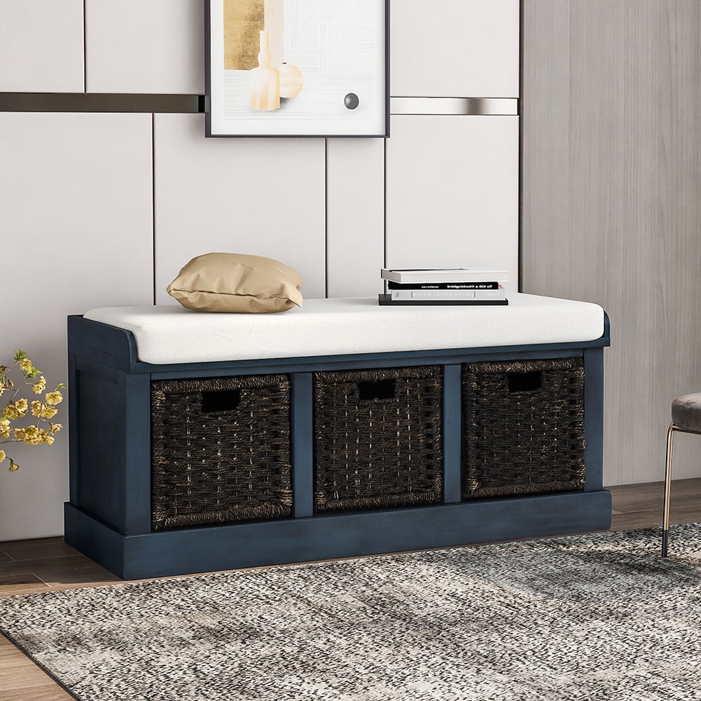 Lowestbest Rustic Storage Bench with 3 Basket, Entryway Bench Storage Bench with Removable Cushion (Blue) Lowestbest Rustic Storage Bench with 3 Basket, Entryway Bench Storage Bench with Removable Cushion (Blue)