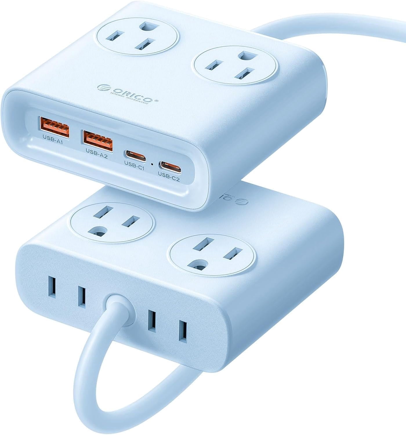 RGHJAR-Power Brick, 25W GaN Power Strip, 8 in 1 Extension Cord with 4 AC Outlets and 2 USB-A and 2 USB-C Ports, 5ft Flat Plug Blue Outlet Extender for Home/Dorm/Travel-PDC (1 PCS)