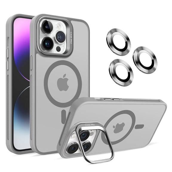 Allytechgroup iPhone 15 Pro Magnetic Case with Lens Protector, Lens Kickstand Matte Translucent Wireless Charging Shockproof Anti-Scratch Hard Cover Shell for Apple iPhone 15 Pro, Gray