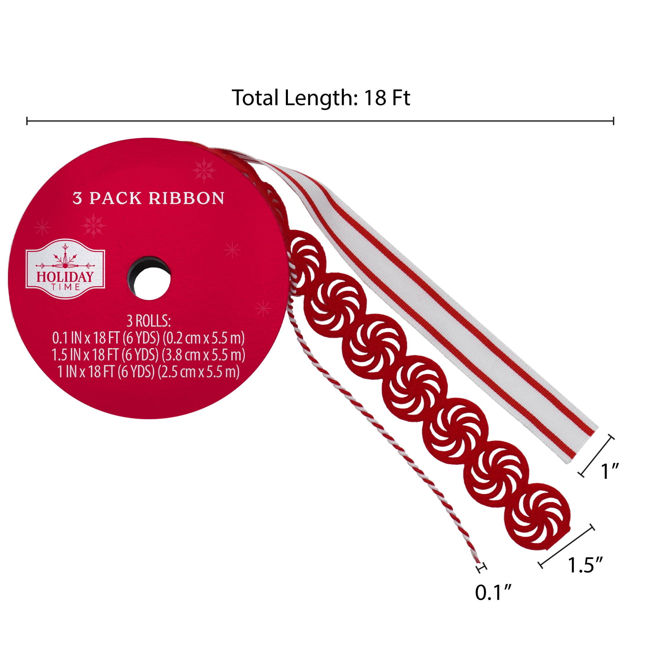 Red and White Peppermint Candy Christmas Ribbon, 18', 3 Pack, by Holiday Time
