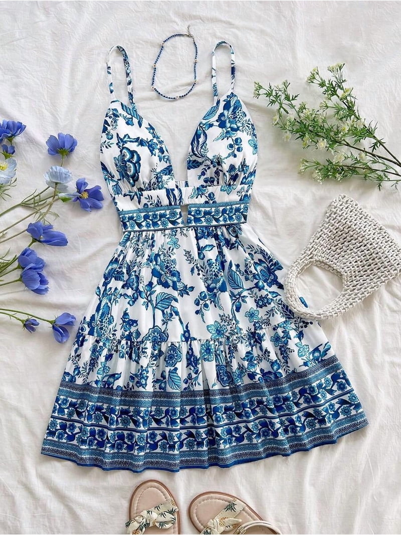 blue and white cutout dress Floral Print V-Neck Spaghetti Strap Mini With Waist And Tiered Skirt, Women's, Size: Small summer-style COS Wide-Neck A-Line Wool Shoe size:M9.5/W11 creating a flared A