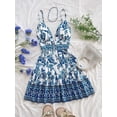 thumbnail image 3 of Blue And White Floral Print V-Neck Spaghetti Strap Mini Dress With Cutout Waist And Tiered Skirt, 3 of 6