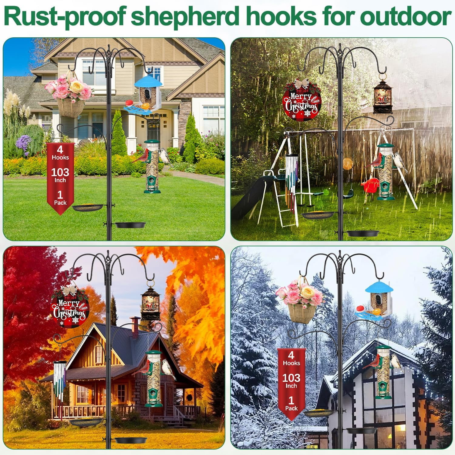 103 in Bird Feeding Station Kit, 6-Hook Wild Bird Feeder Stand Pole, Steel Multi-Feeder Pole with 5-Prong Base, Mesh Tray, Bird Bath for Attracting Wild Birds
