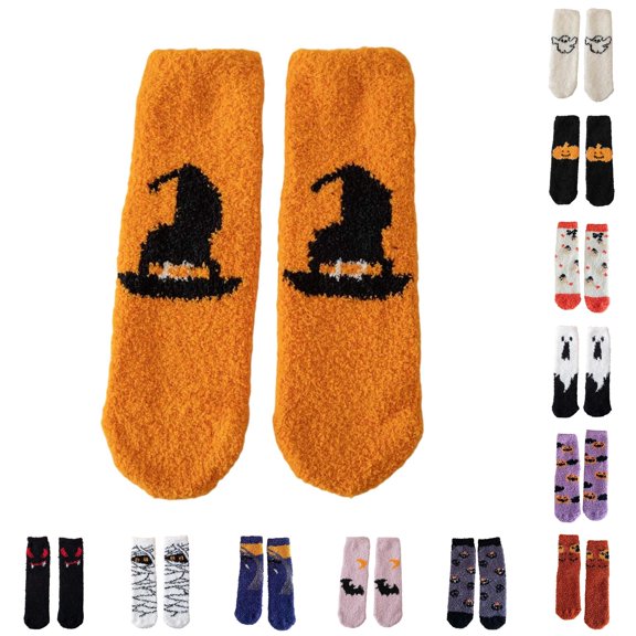 Huowey Halloween Fuzzy Socks For Women Men Crew Socks Pumpkin Ghost Pattern Halloween Gift Fall Winter Warm Soft Festival Party Lounging Home Socks,Orange
