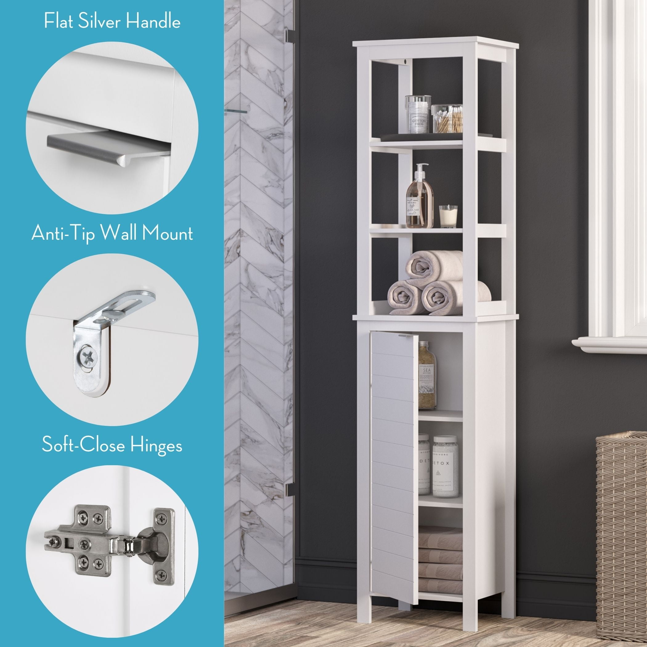 RiverRidge Madison Tall Bathroom Storage Linen Cabinet Organizer with Door - White