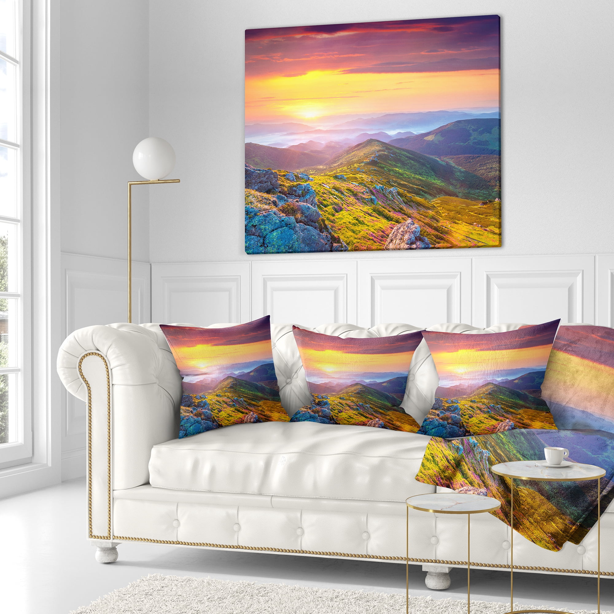 Designart Rhododendron Flowers in Colorful Hills - Landscape Photography Throw Pillow - 16x16