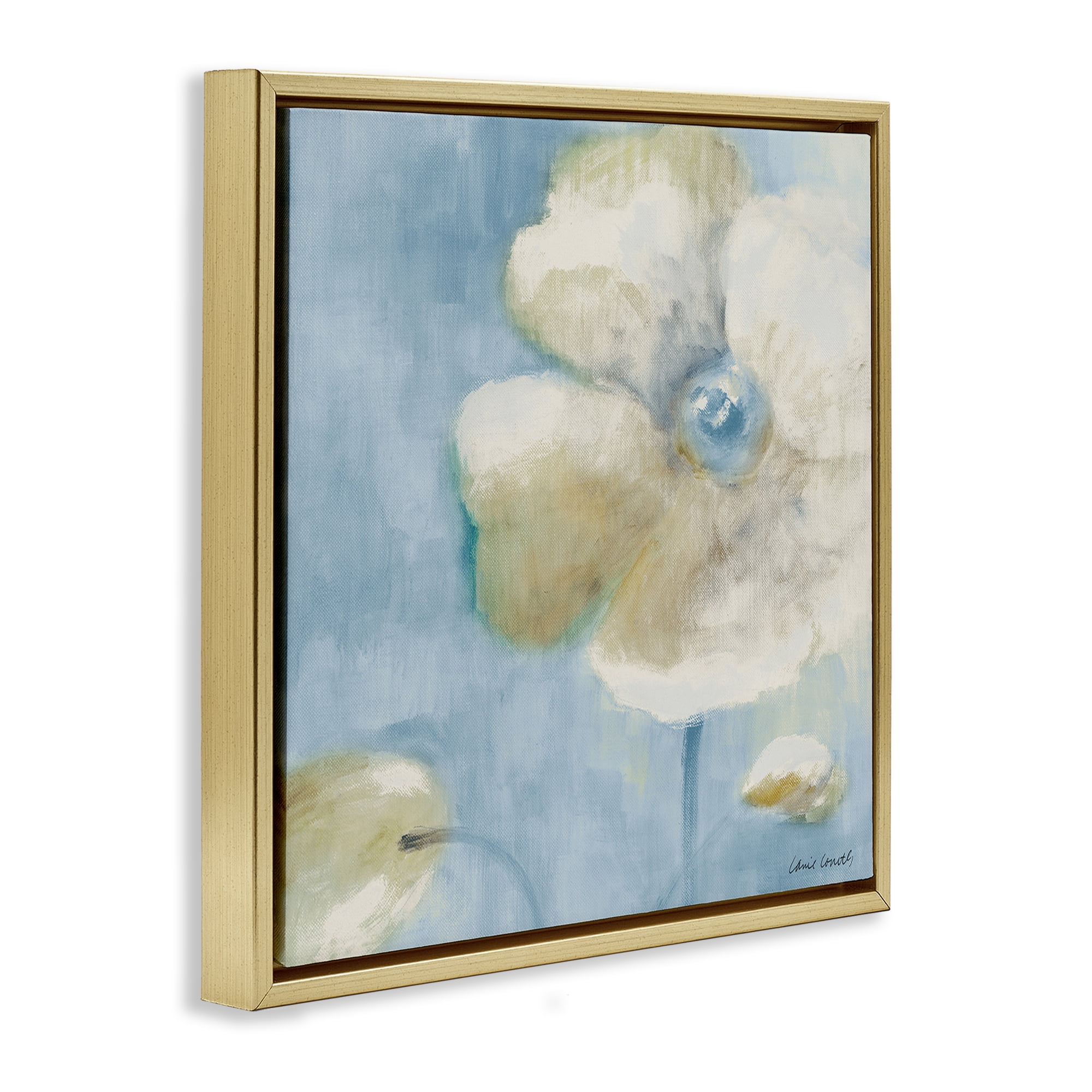 Stupell Industries White Blossom on Blue Botanical & Floral Painting Gold Floater Framed Canvas Art Print Wall Art, 18 x 18