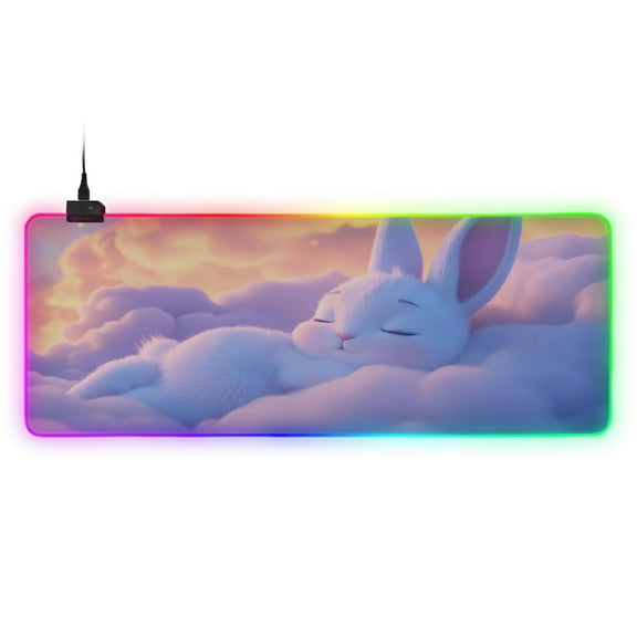 Large RGB Gaming Mouse Pad Led Glowing Mousepad Non-Slip Rubber Base 13 Light Modes 31.5x11.8 Cute White Rabbit Sleep on Clouds