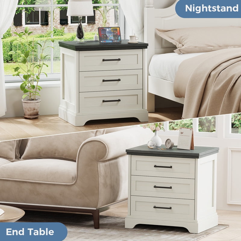 Gianna Nightstand with Charging Station, Farmhouse Bedside Table with 3 Drawers, Wood End Table, Modern Side Table for Bedroom, White