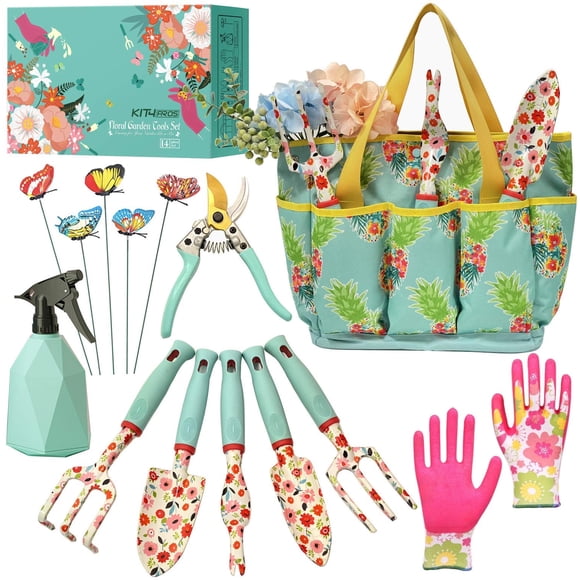 Kit4Pros Ensemble d'Outils de Jardin Floral Cadeaux de Jardinage pour Femmes Anniversaire Kit d'Outils Robuste Sac de Rangement Organisateur Sécateurs Gants de Jardinier Pulvérisateur Désherbeur Truelle (Ensemble Floral)
