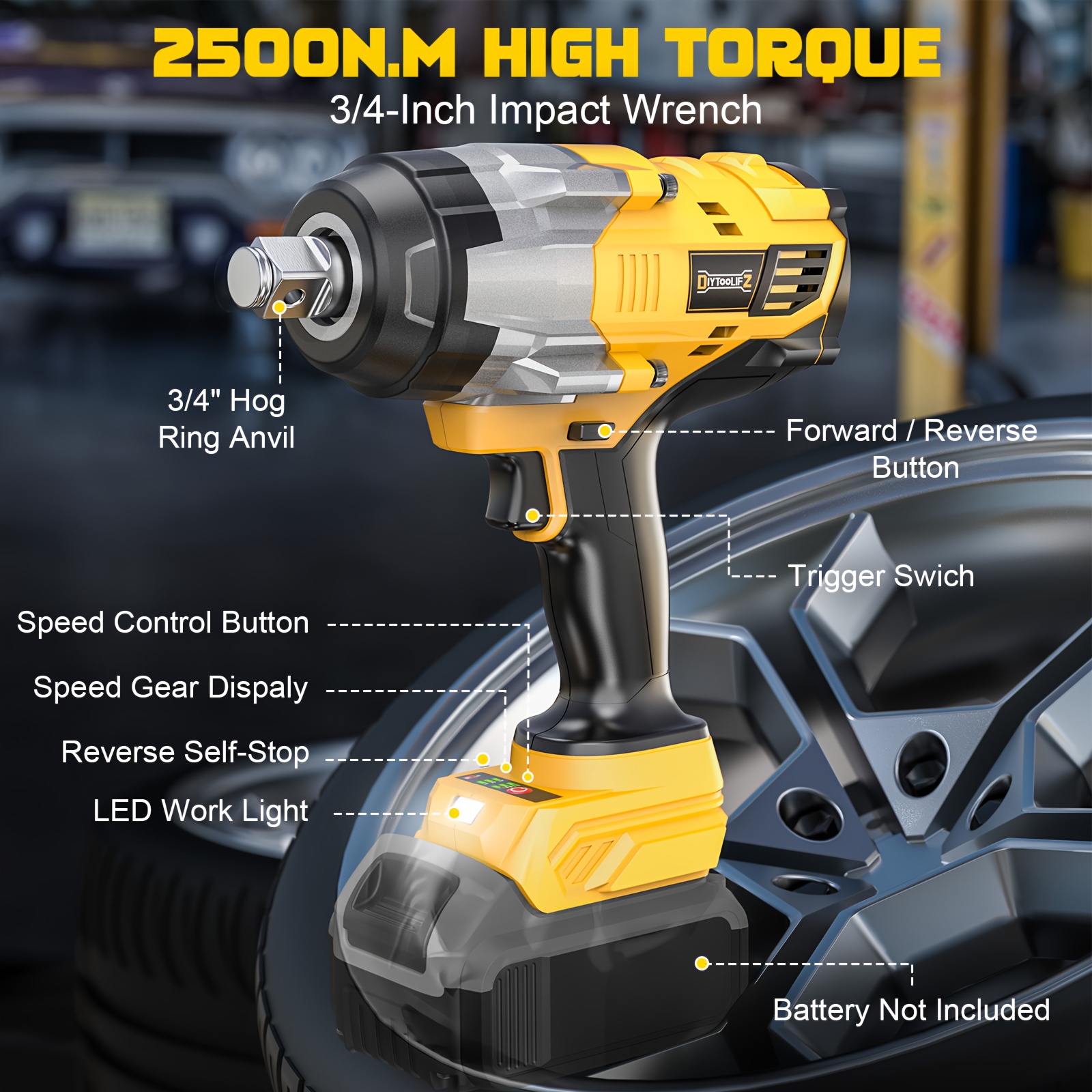 3/4" Cordless Impact Wrench Compatible with Dewalt 20V Battery: 1850FT-LBS(2500N.m) High Torque Impact Driver, Auto-Stop Reverse, 4-Speed Heavy Duty Impact for Car/Truck/Mower(Bare Tool)