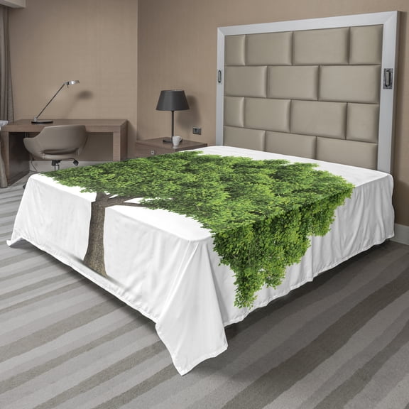 Tree Flat Sheet, Computer Graphics of a Tree Silhouette on a Plain Background Print, Soft Comfortable Top Sheet Decorative Bedding 1 Piece, 6 Sizes, Lime Green and Dark Green, by Ambesonne
