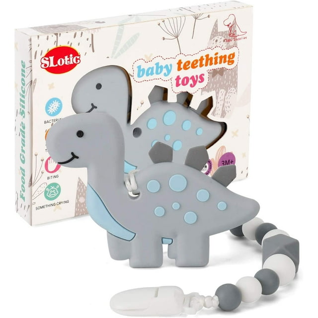 Juego de juguetes para la dentición de dinosaurios para aliviar el dolor con clip para chupetes