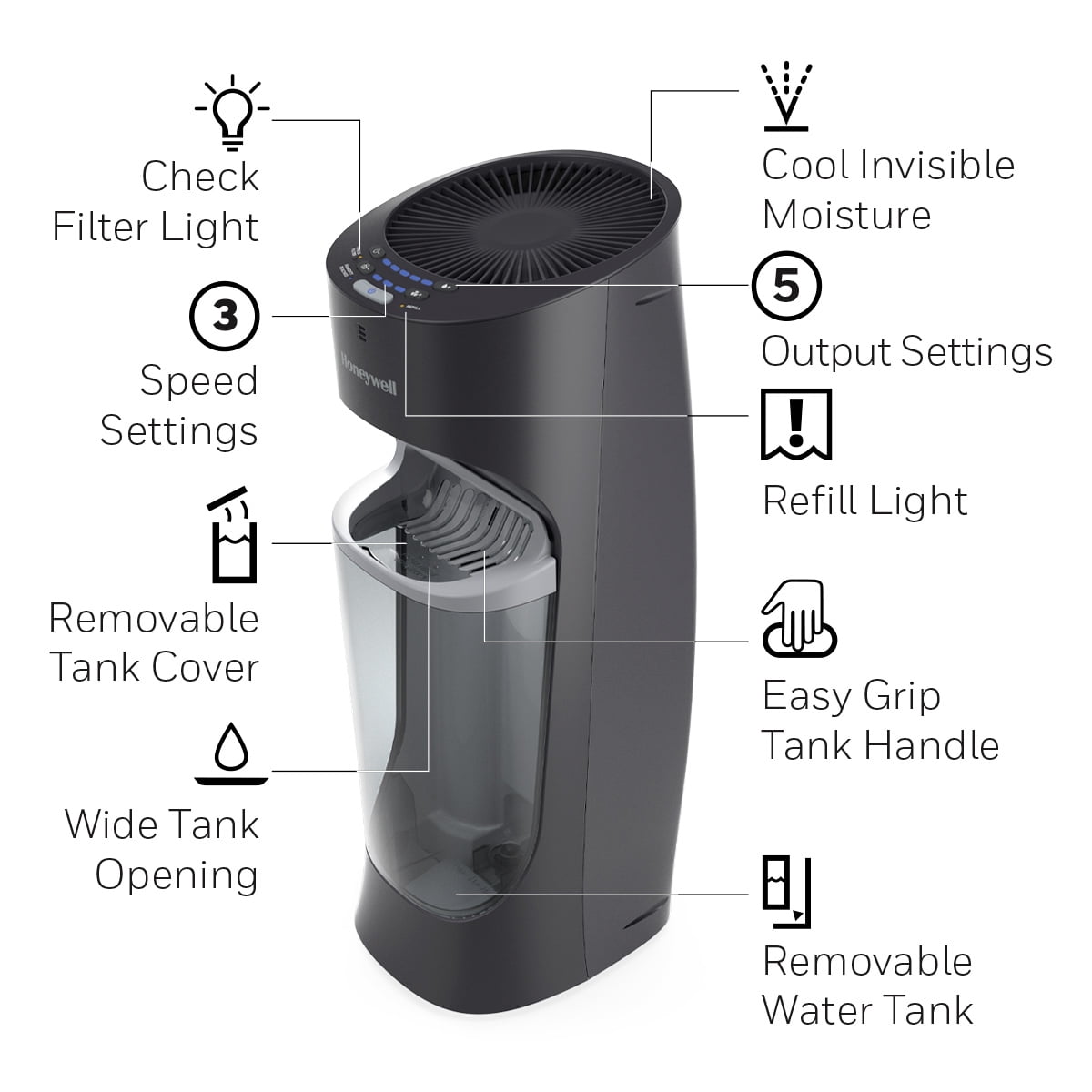 Honeywell 1.7 gal 500 sq ft Top Fill Cool Moisture Humidifier, Black, HEV615B