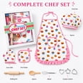 thumbnail image 2 of Rirool Kids Baking Set, 11-Piece White Cupcake Print Junior Chef Costume and Pretend Play Kit with Apron, Hat, Oven Mitt, Pot Holder, Whisk, Wooden Utensils and 4 Cookie Cutters, Ages 3-6, 2 of 8