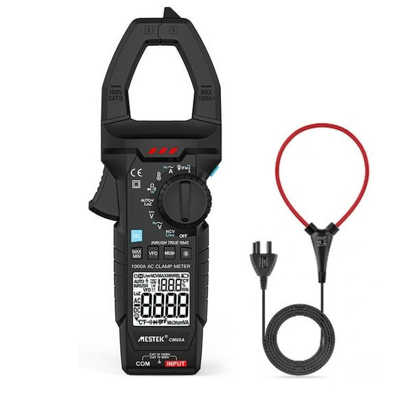 MESTEK Mestek High Precision Digital Clamp Meter - AC Current Measurement Up to 3000A with iFlex Option, LCD Backlit Display, Auto Range, Multi-Function: Voltage, Current, Resistance, Temperature,