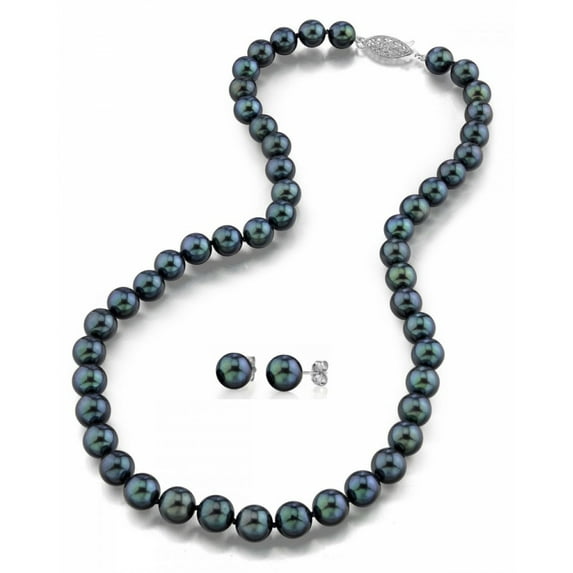 14K Gold 7.0-7.5mm Black Akoya Cultured Pearl Necklace & Matching Earrings Set, 17" Length - AAA Quality