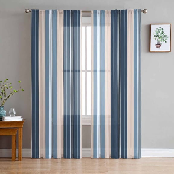 ERUNPONLY Blue Beige Striped Sheer Curtains 84 Inch Length 2 Panels Set, Modern Stripes Art Farmhouse Voile Window Treatment Curtains Sheers Drapes for Bedroom/Living Room/Kitchen 52"x84"x2