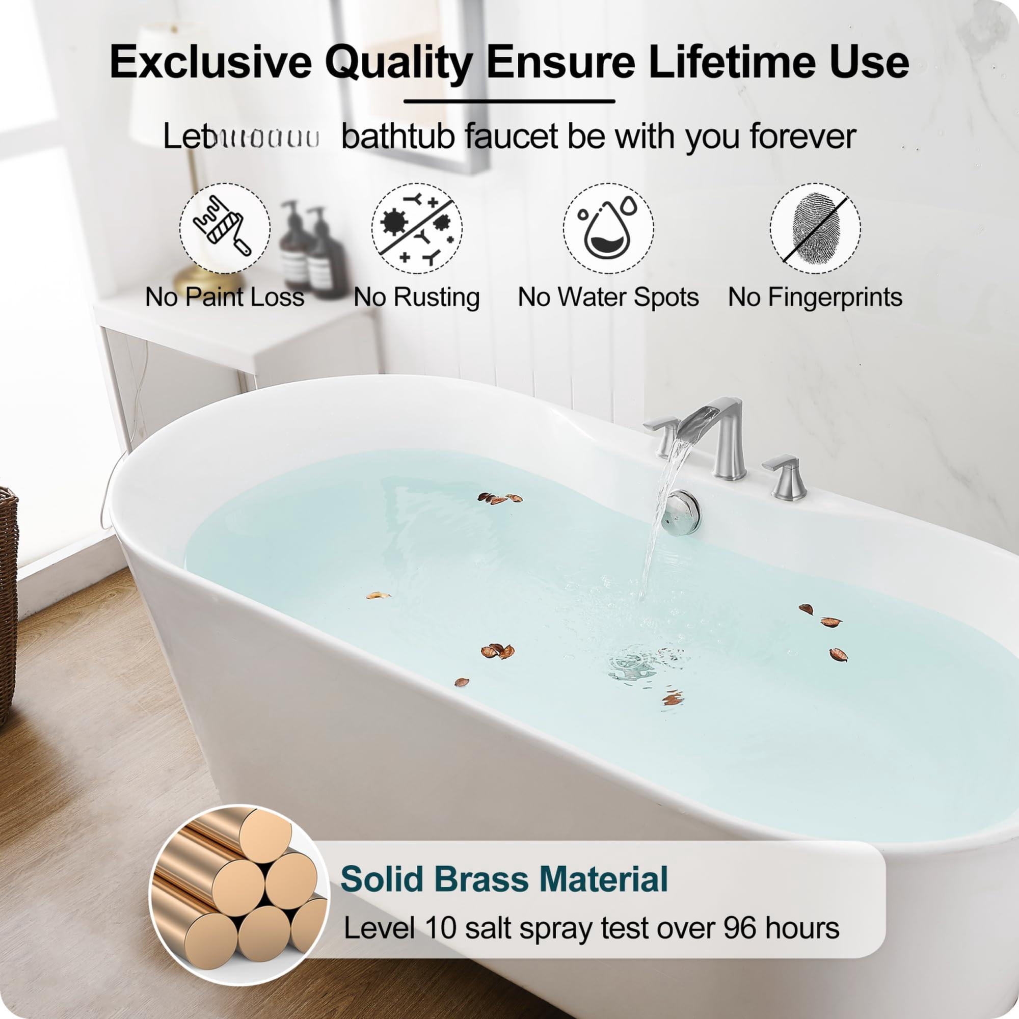 3 Hole Roman Tub Faucet Waterfall Brushed Nickel Bathtub Set, Deck Mount for 2 Handle Bath Faucets