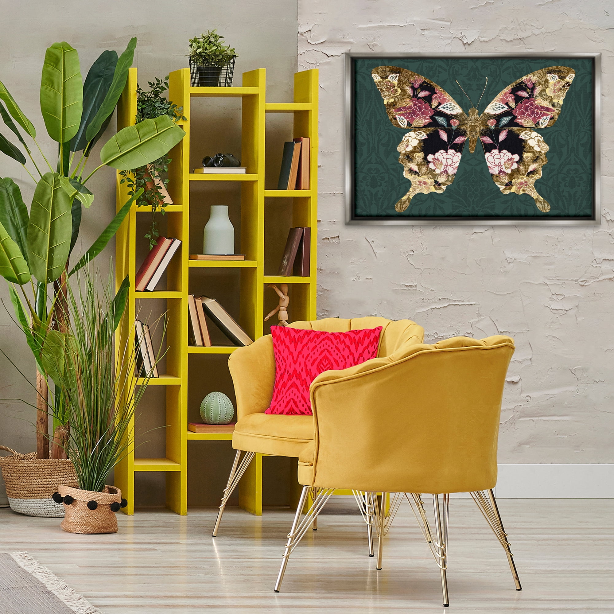 Stupell Industries Rococo Butterfly Pattern Animals Painting Gray Floater Framed Canvas Art Print Wall Art, 31 x 21
