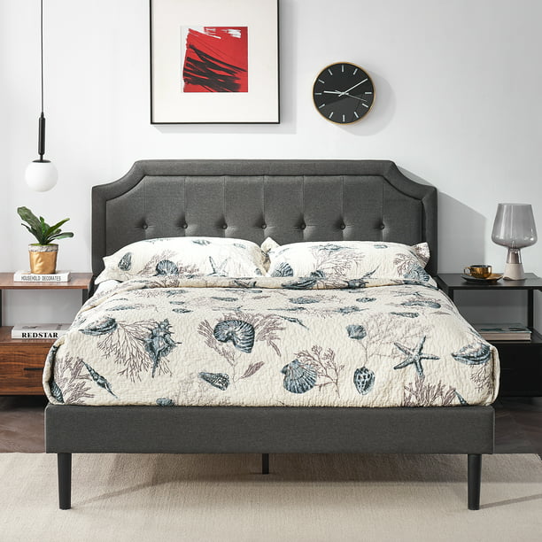 Vecelo Upholstered Platform Bed With, Grey Bed Frame Wood